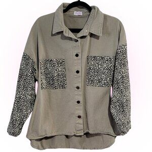 COMFY LEOPARD PRINT BLACK TAN BUTTON DOWN WOMEN'S DENIM SHIRT JACKET XL